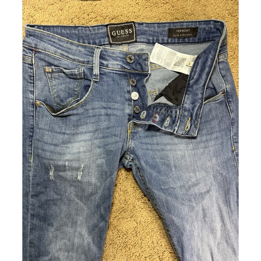 Guess Vermont Slim Straight Jeans Men 29 Blue Distressed‎ Button Fly Low Rise - Picture 2 of 10